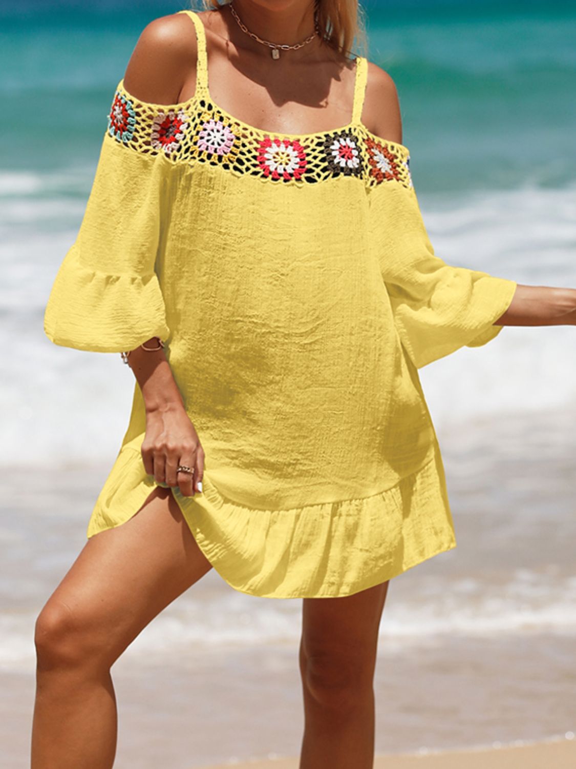 Crochet Cold Shoulder Three-Quarter Sleeve Cover Up Crochet Cold Shoulder Three-Quarter Sleeve Cover Up